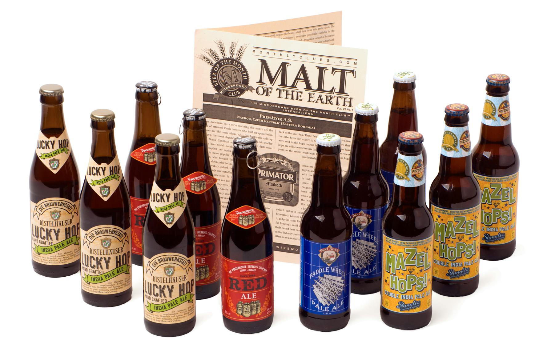 international beers in colorful bottles arranged around a Malt brochure