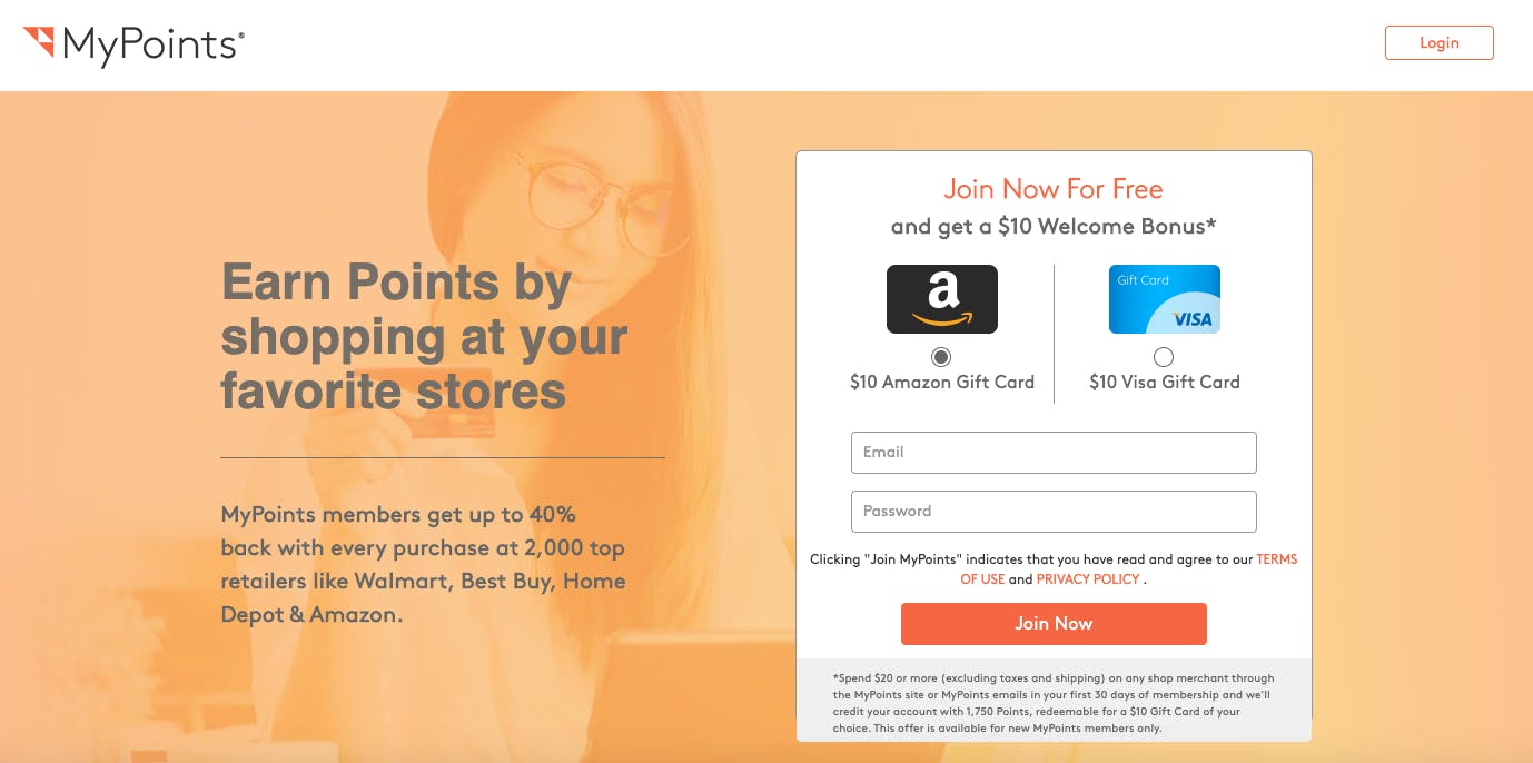 mypoints home page with $10 sign up offer