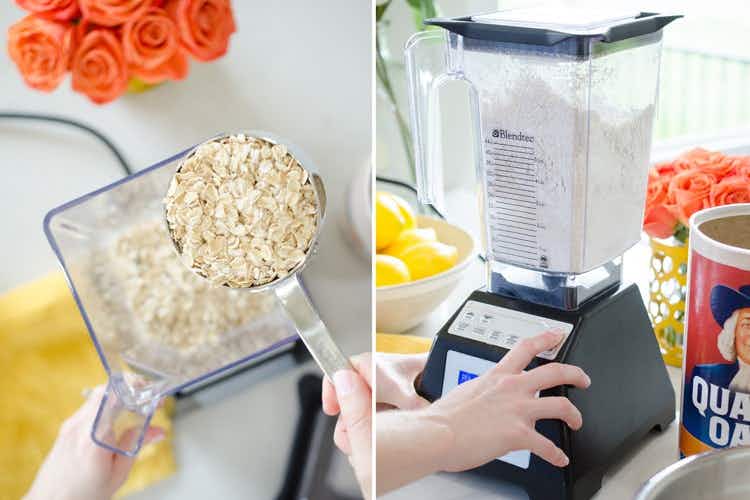 person-pouring-dry-oats-into-blender-next-to-a-person-pressing-the-buttons-on-a-blender