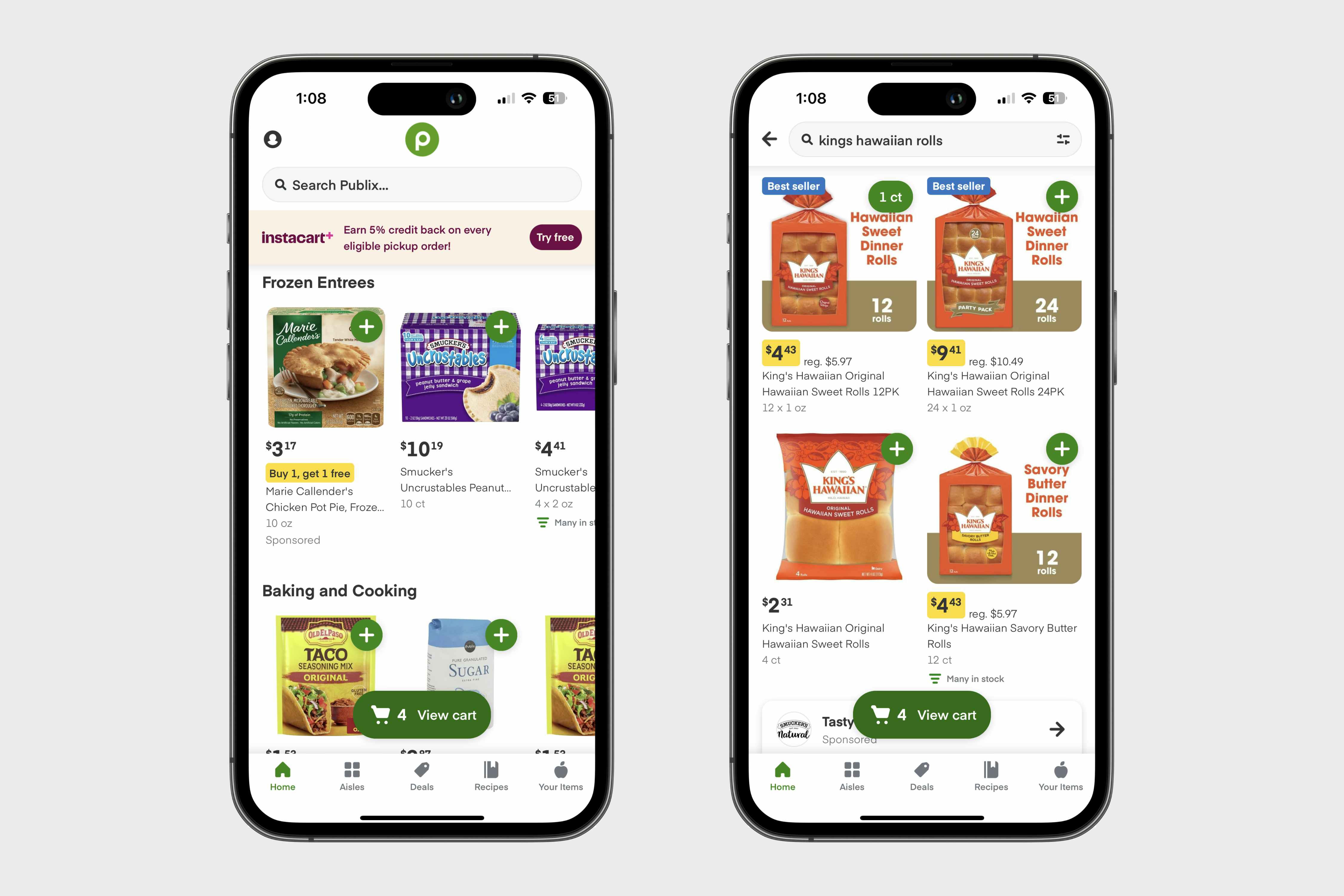 two phones showing categories to browse and search results in the Publix Delivery app