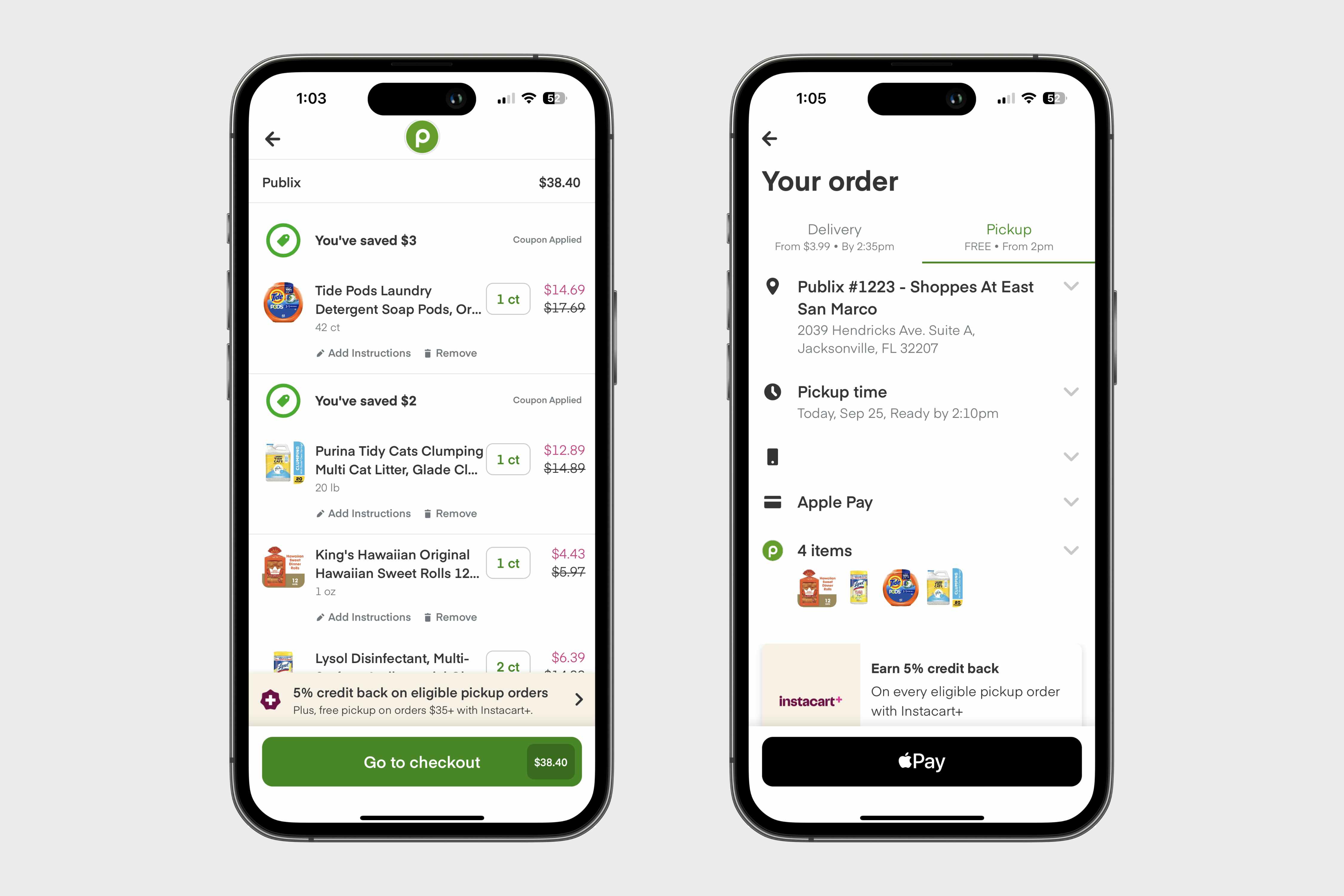 two phones showing the cart with applied coupons and the checkout page in the Publix Delivery app