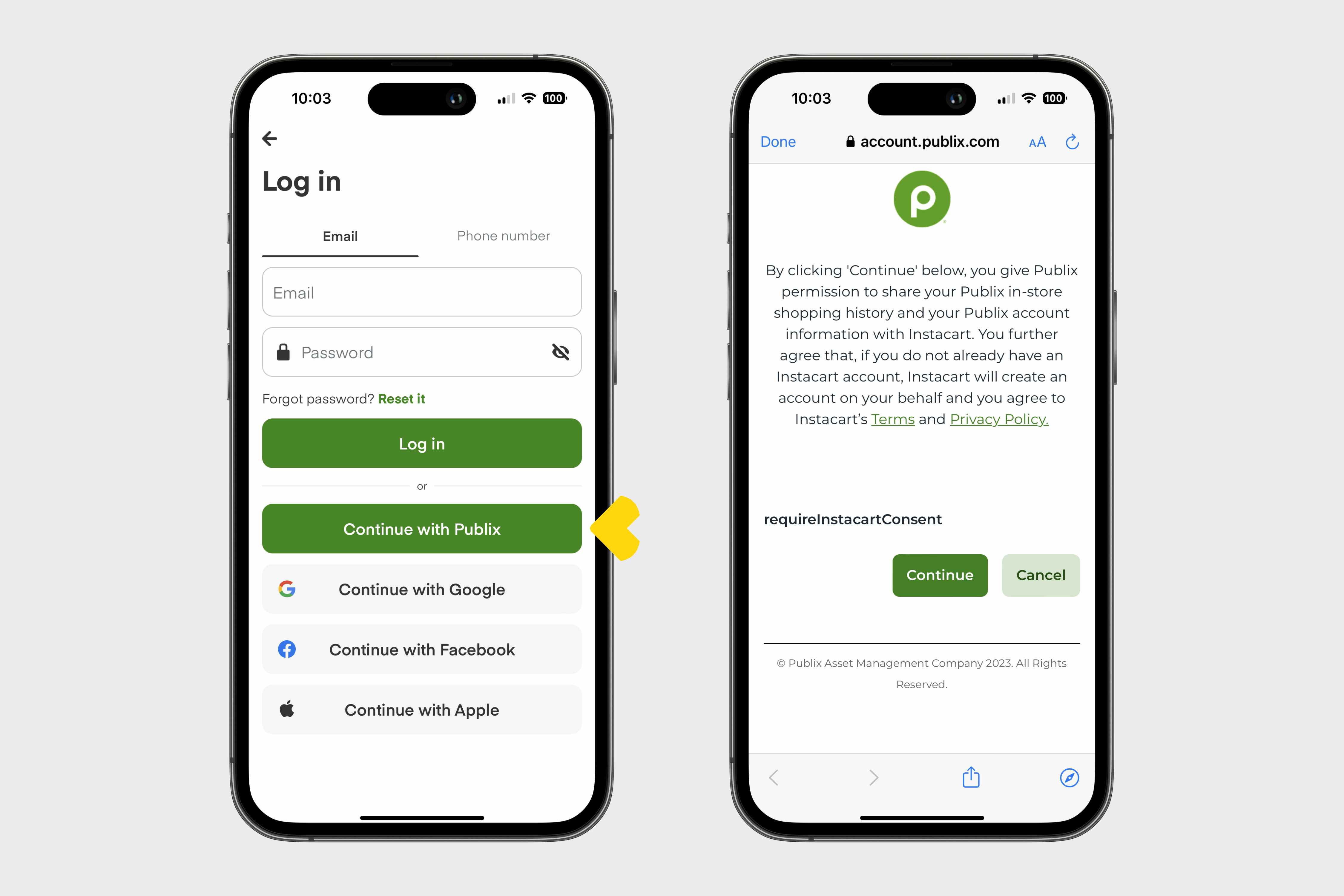 two phones showing how to connect your Publix account in the Publix Delivery app