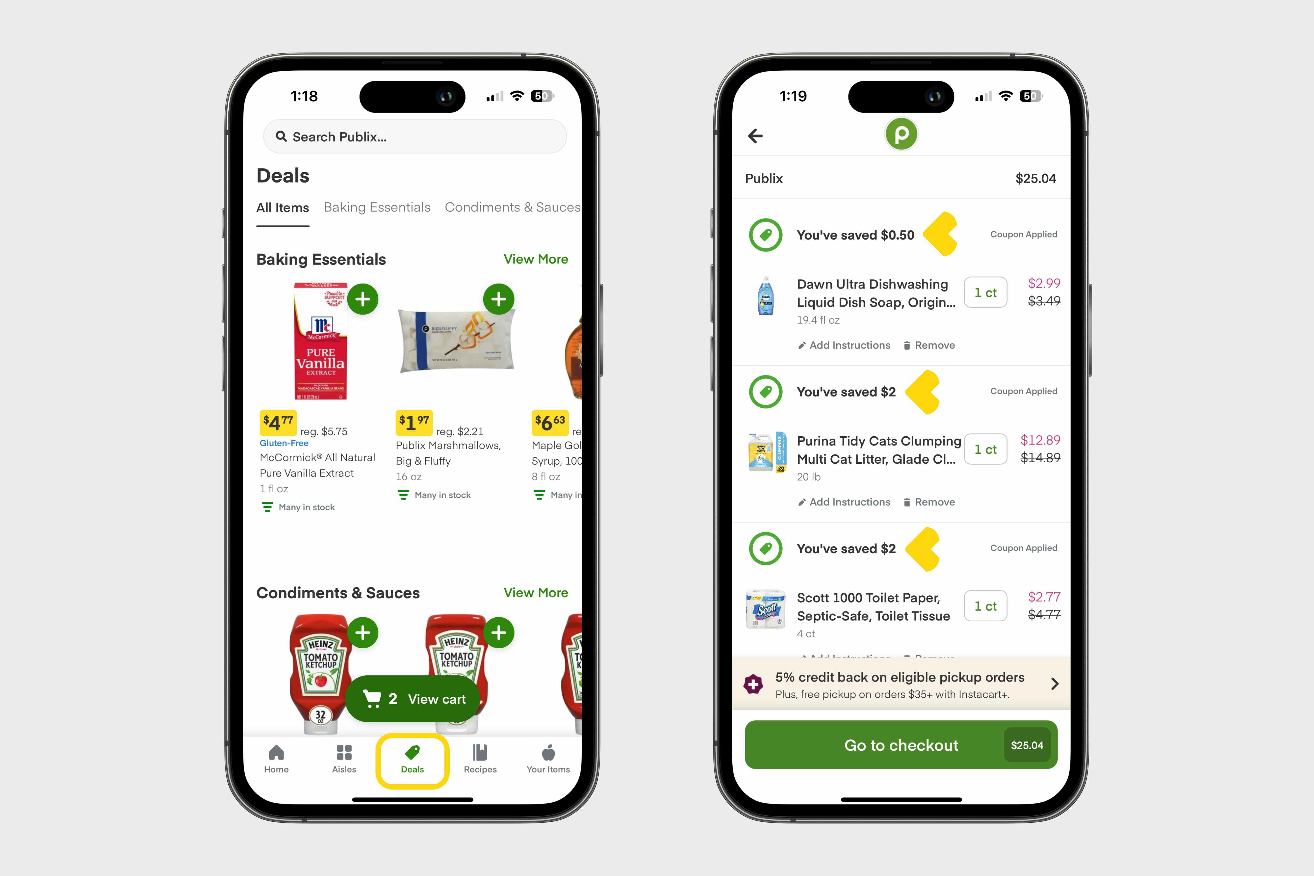 two phones showing the deals page and cart with applied coupons in the Publix Delivery app