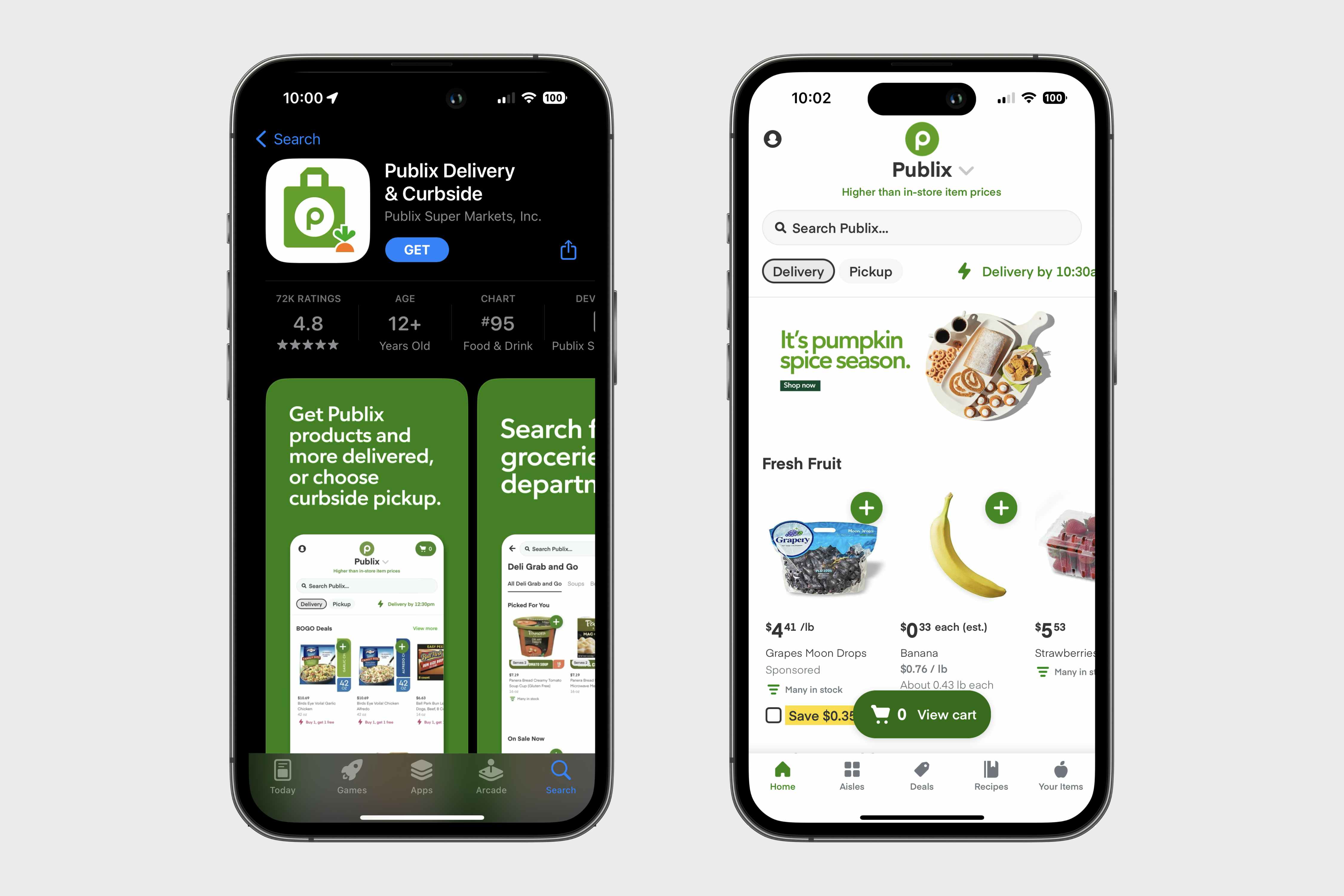 two phones showing the Publix Delivery app in the app store and the home page in the app.