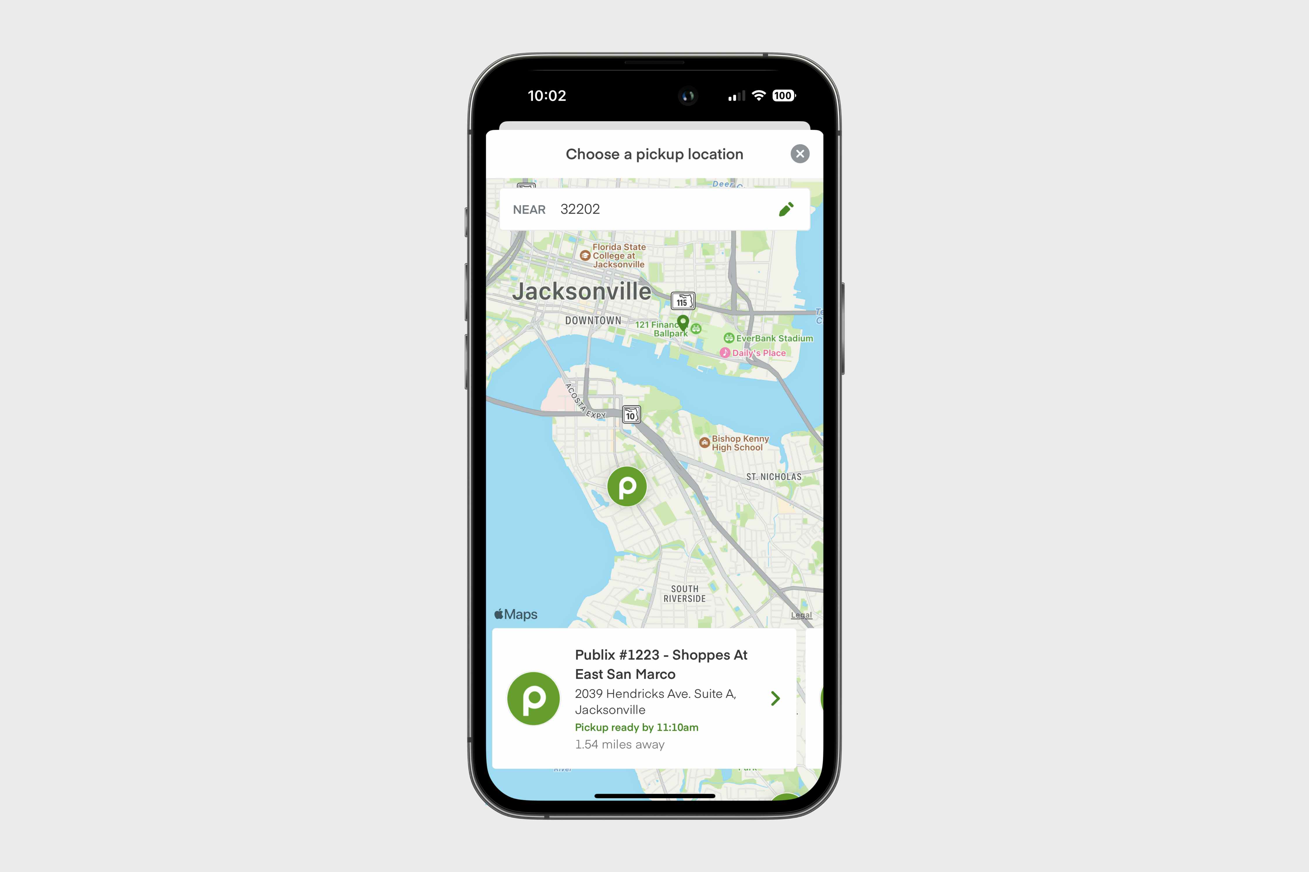 a phone showing the page in the Publix Delivery app where you choose your pickup location
