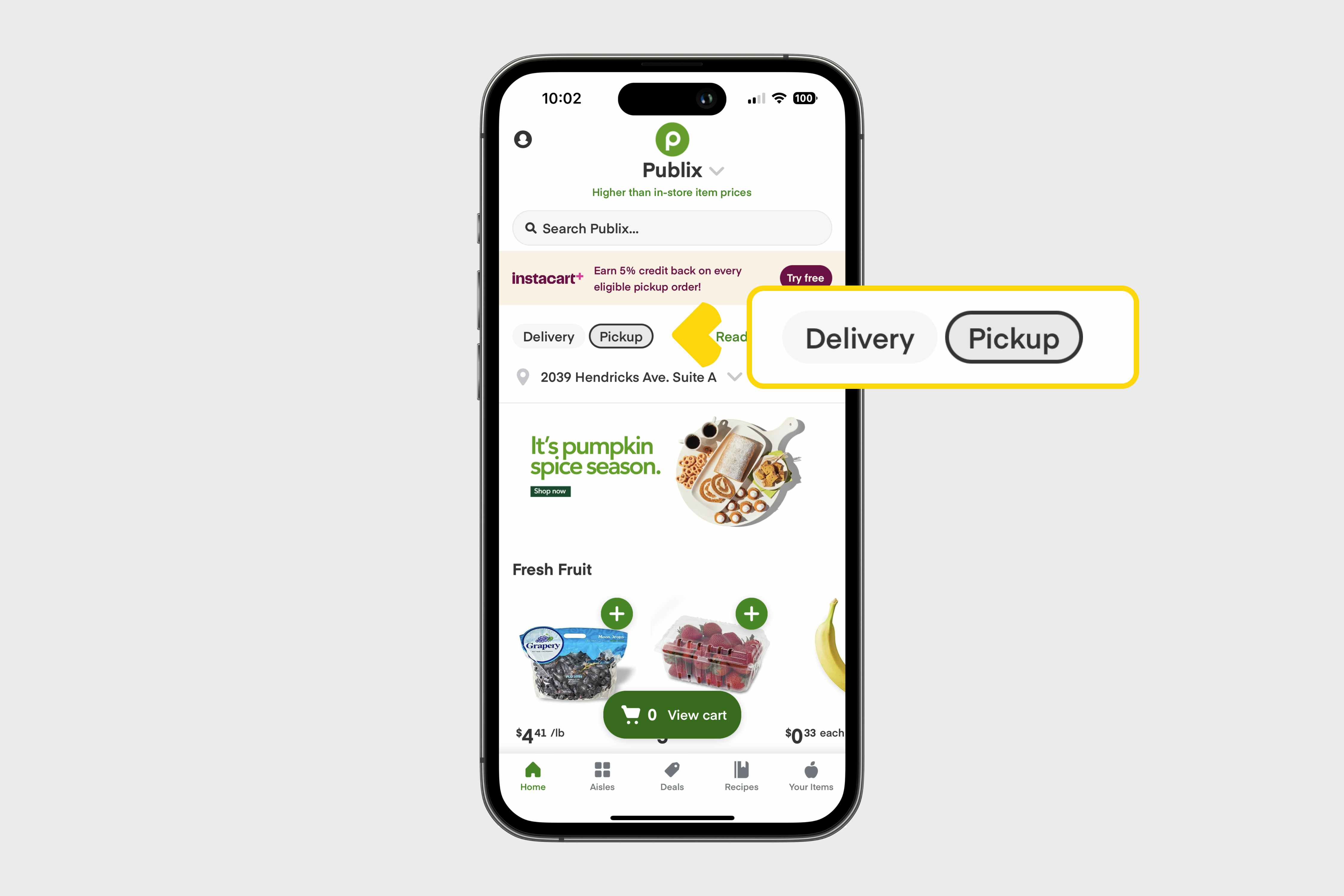 a phone showing the home page in the Publix Delivery app and how to switch the preference to Pickup