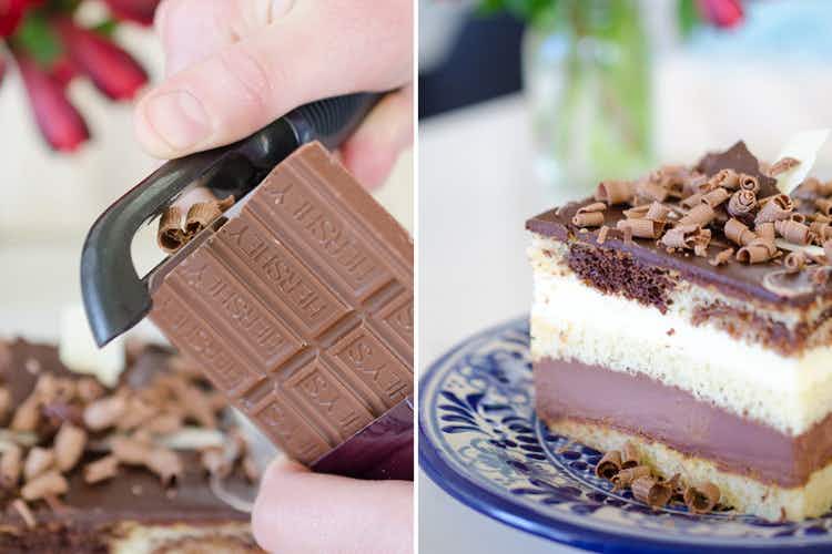 person-using-vegtabel-peeler-to-curl-chocolate-next-to-a-slice-of-cake