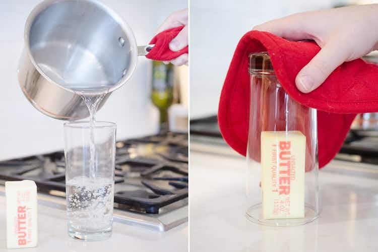 person-pouring-boiling-water-into-a-glass-next-to-a-stick-of-butter-inside-an-upside-down-glass
