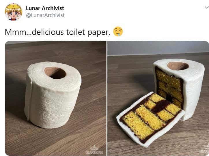 Tweet showing cake shaped like toilet paper. 