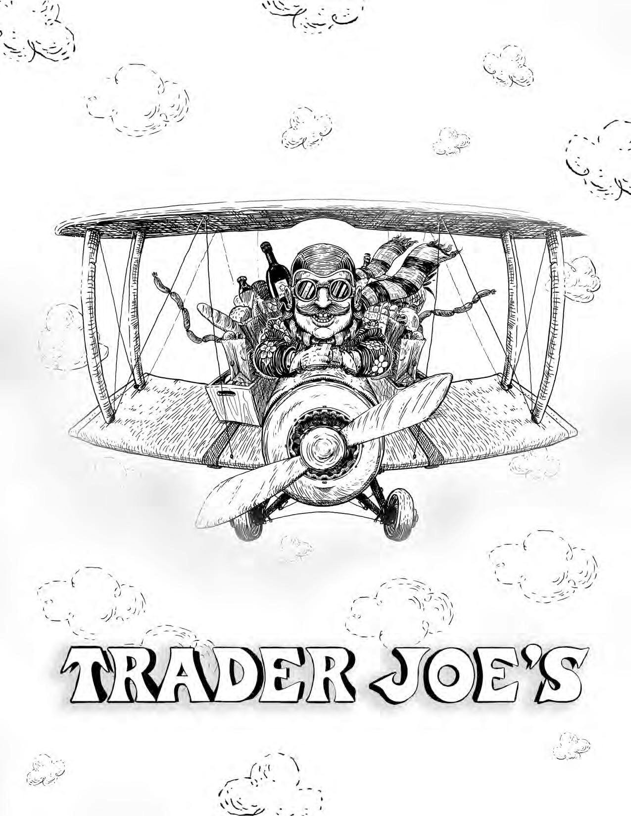 Trader Joes coloring page man flying in airplane high in the clouds