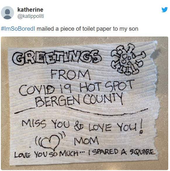 Tweet showing a sweet note written on toilet paper