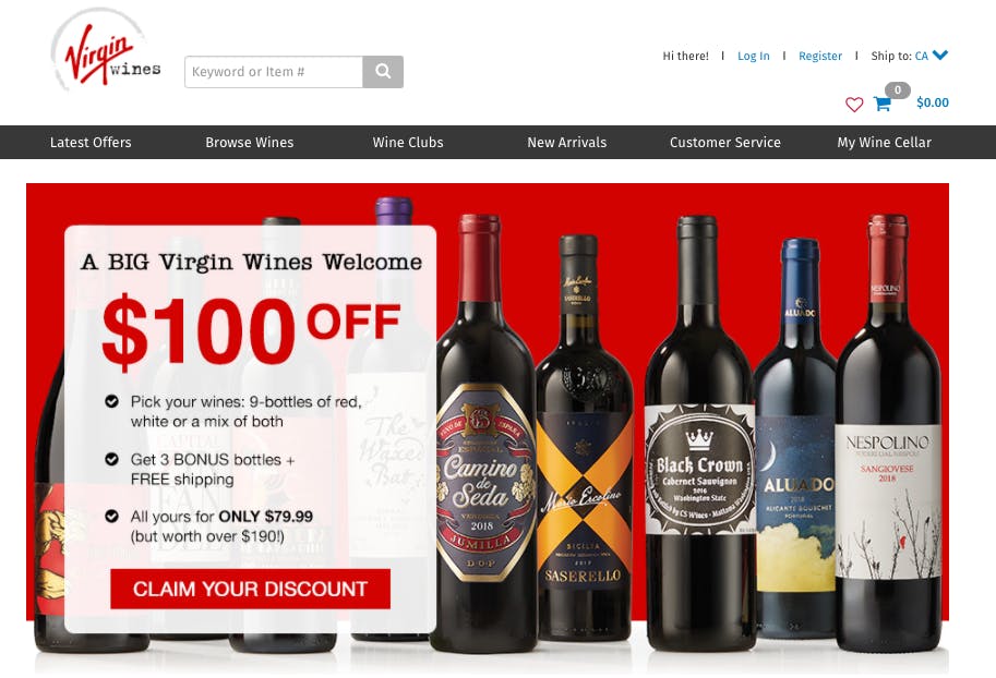 home page virgin wines welcome offer for $100 off