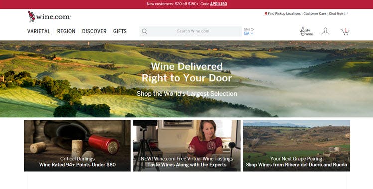 Wine.com website homepage with image of the countryside