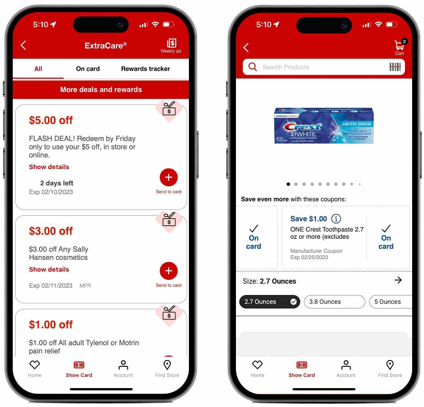 Two phones showing coupons on the CVS app