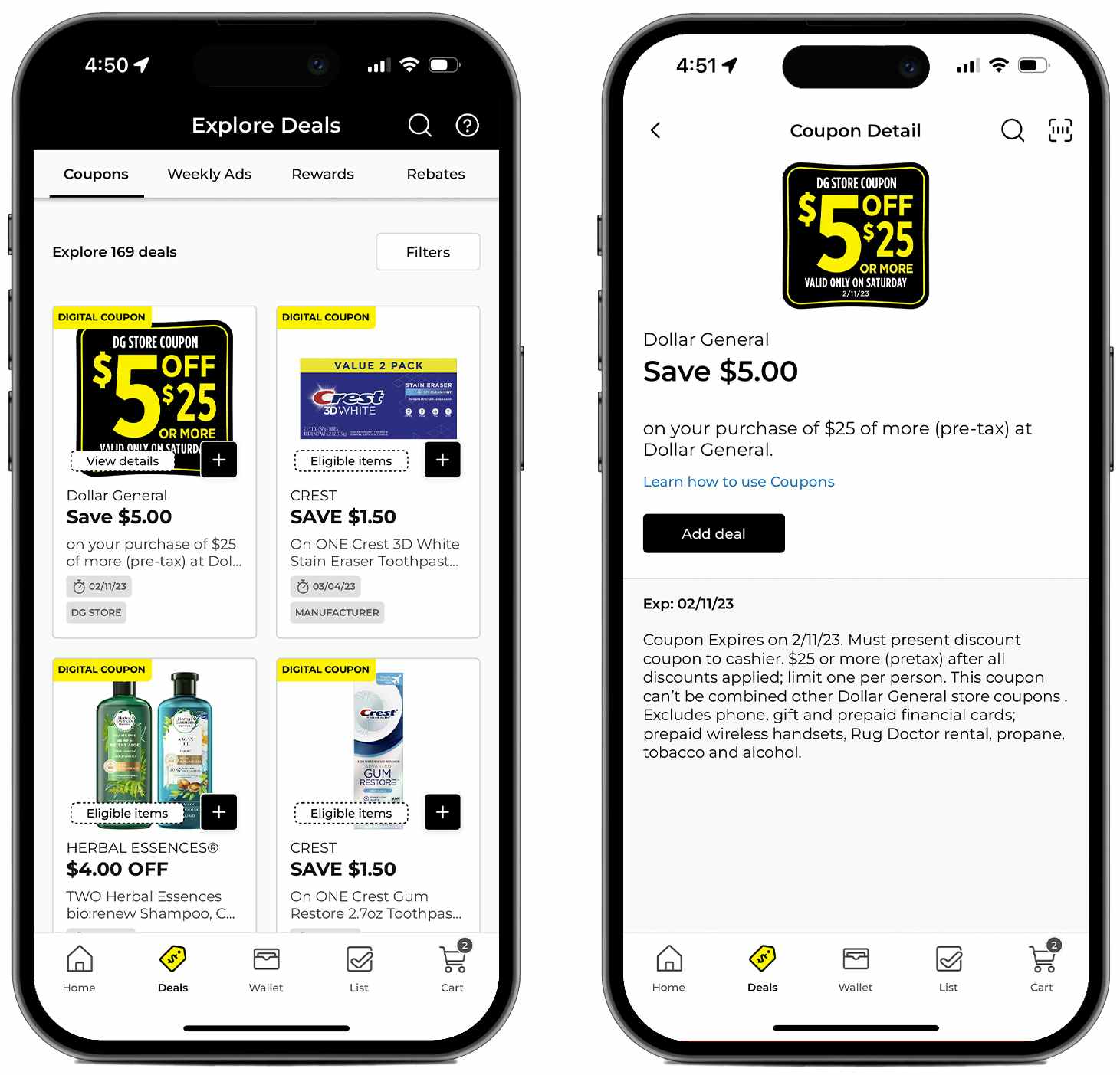 Two phones showing coupons on the Dollar General app