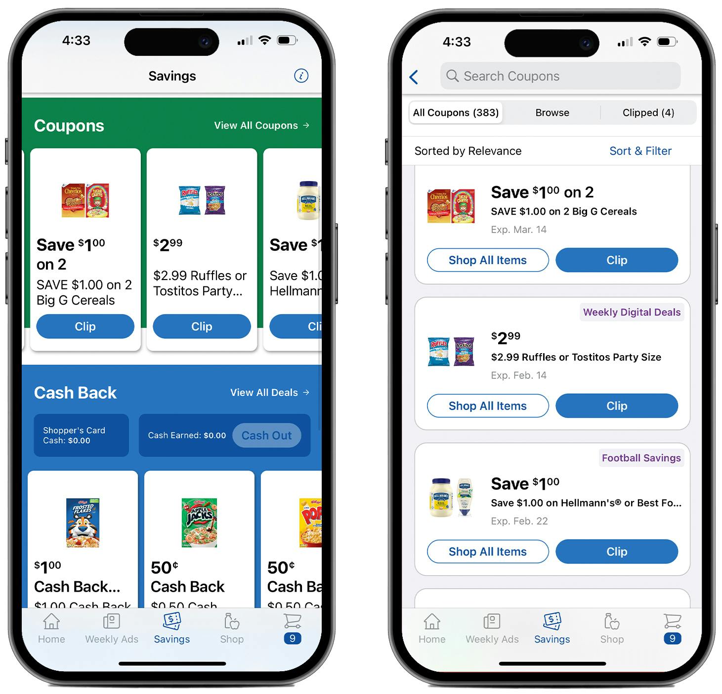 Two phones showing coupons on the Kroger app