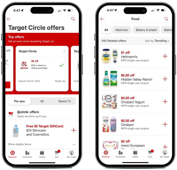 Two phones showing coupons and Circle offers on the Target app