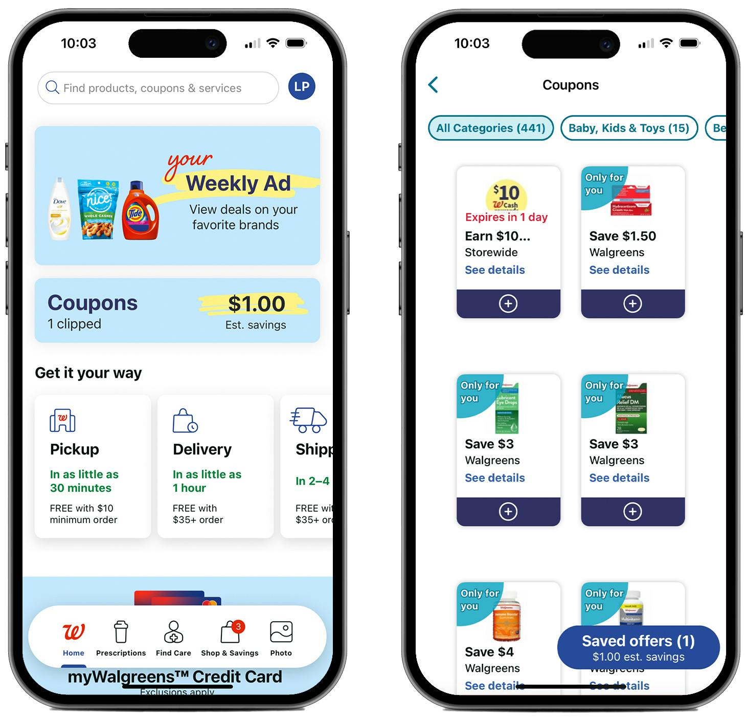 Two phones showing coupons on the Walgreens app