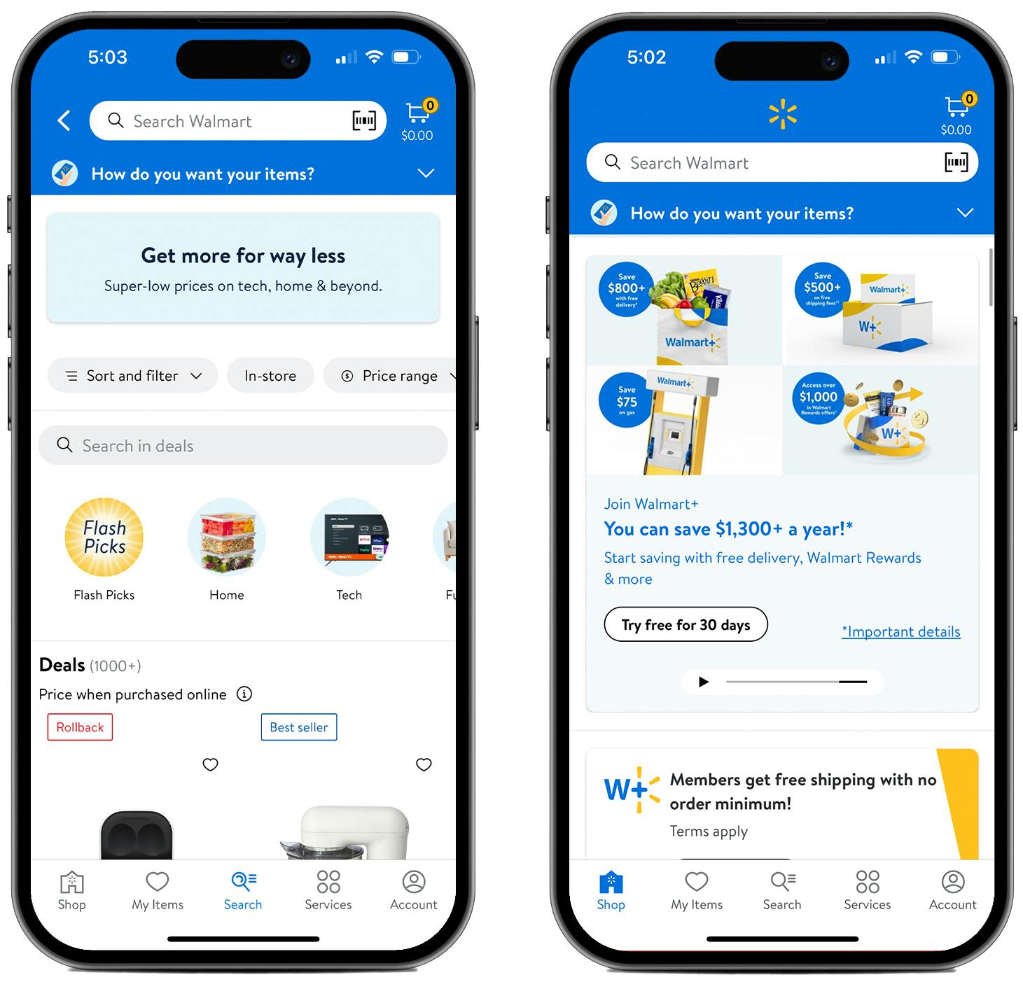 Two phones showing offers on the Walmart app
