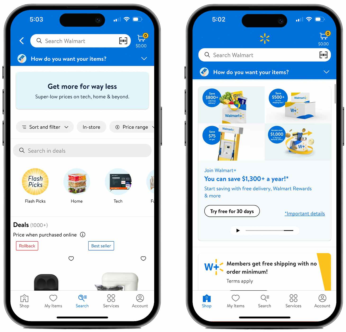 Two phones showing offers on the Walmart app