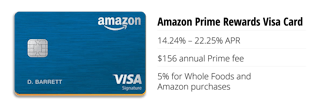 Amazon prime rewards visa 14.24% - 22.25% APR $156 annual Prime fee 5% for Whole Foods and Amazon purchases