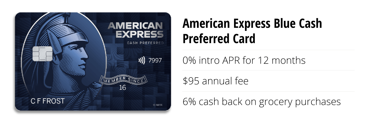 Amex blue card 0% APR for a year, $95 fee, 6% cash back on groceries