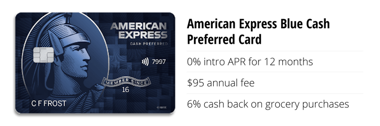 Amex blue card 0% APR for a year, $95 fee, 6% cash back on groceries