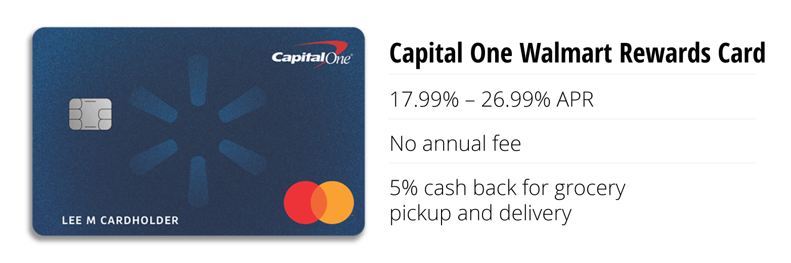 capital one credit card for walmart with 18-27% APR, no fee, 5% cash back on grocery pickup and delivery