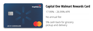 capital one credit card for walmart with 18-27% APR, no fee, 5% cash back on grocery pickup and delivery