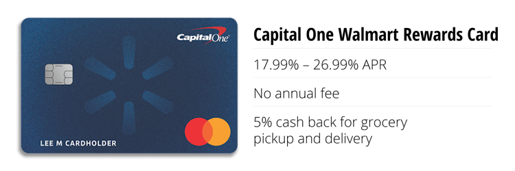 capital one credit card for walmart with 18-27% APR, no fee, 5% cash back on grocery pickup and delivery