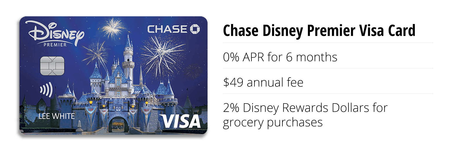 chase disney premier visa 0% apr for 6 months, $49 fee, 2% rewards dollars for grocery purchases