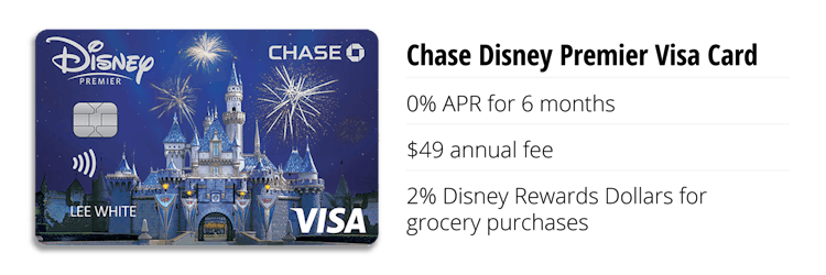 chase disney premier visa 0% apr for 6 months, $49 fee, 2% rewards dollars for grocery purchases