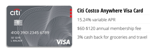 Costco Citi Card 15.24% variable APR $60-$120 annual membership fee 3% cash back for groceries and travel