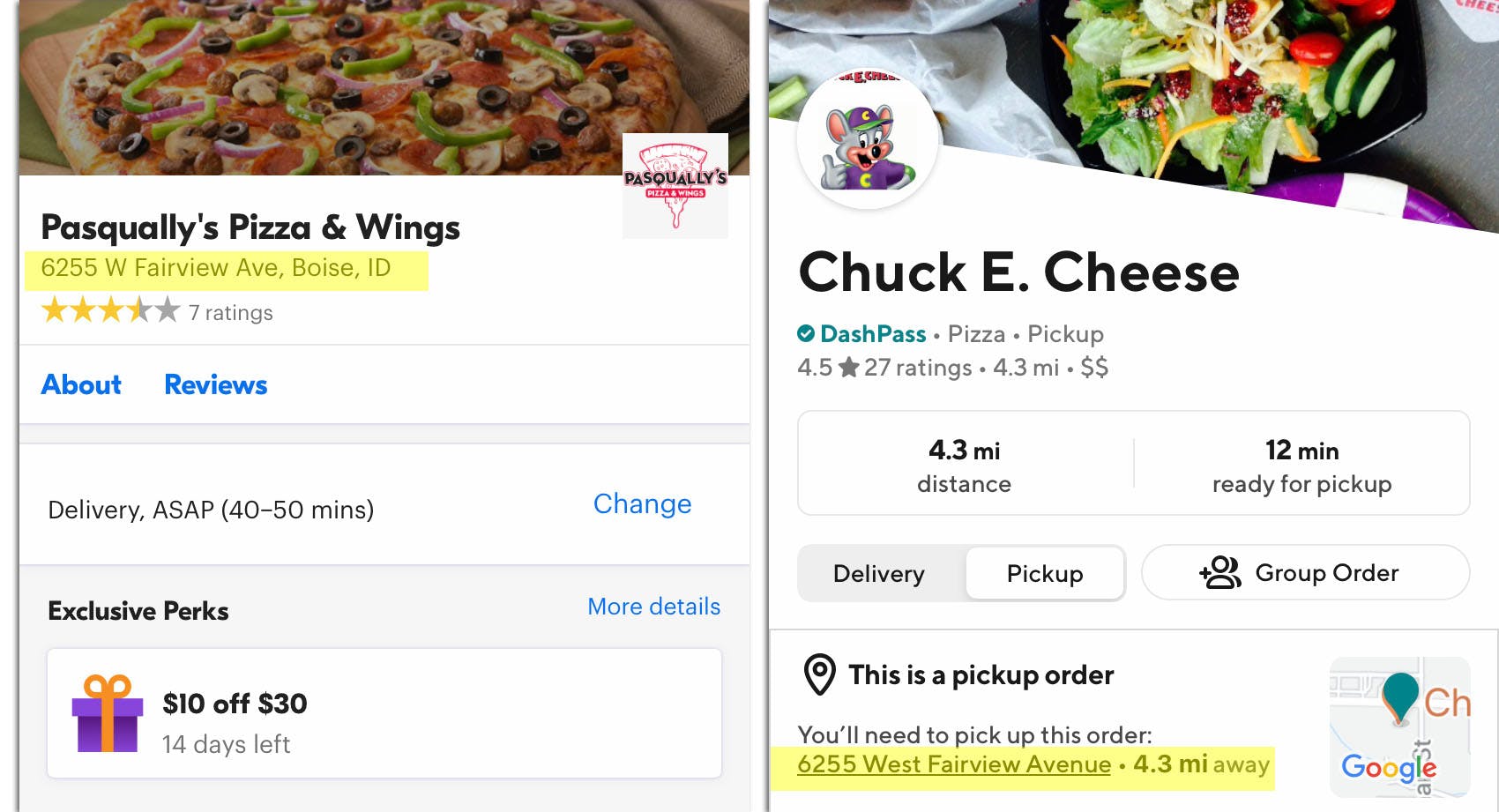 Chuck E. Cheese changed their name to Pasqually's on GrubHub. It's still the old name on DoorDash.