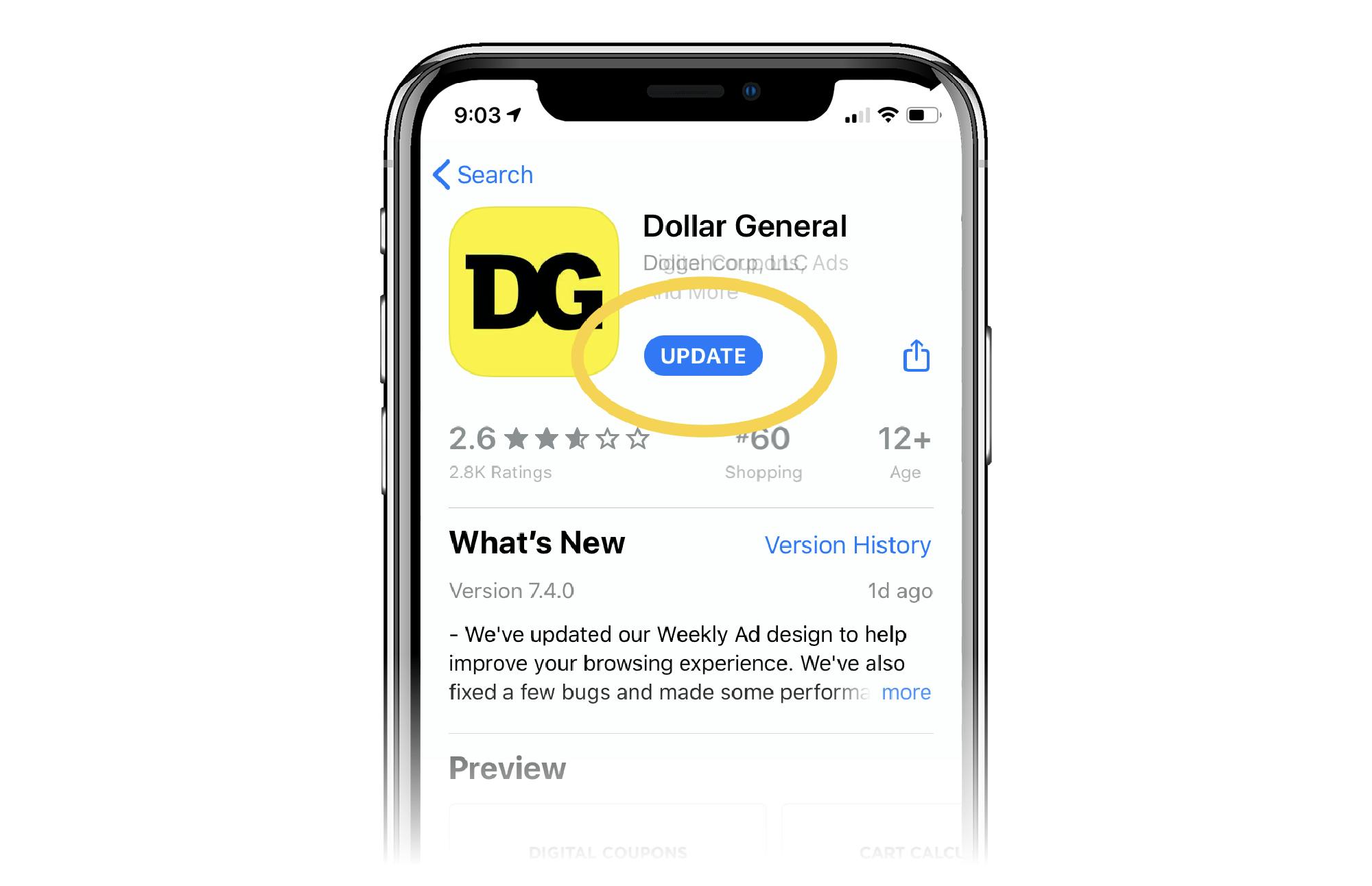 phone screen shows DG app in app store with update circled