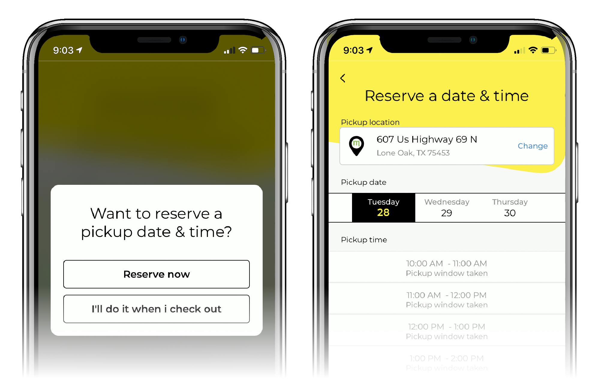 phone screen asks if user wants to reserve pickup time and gives options