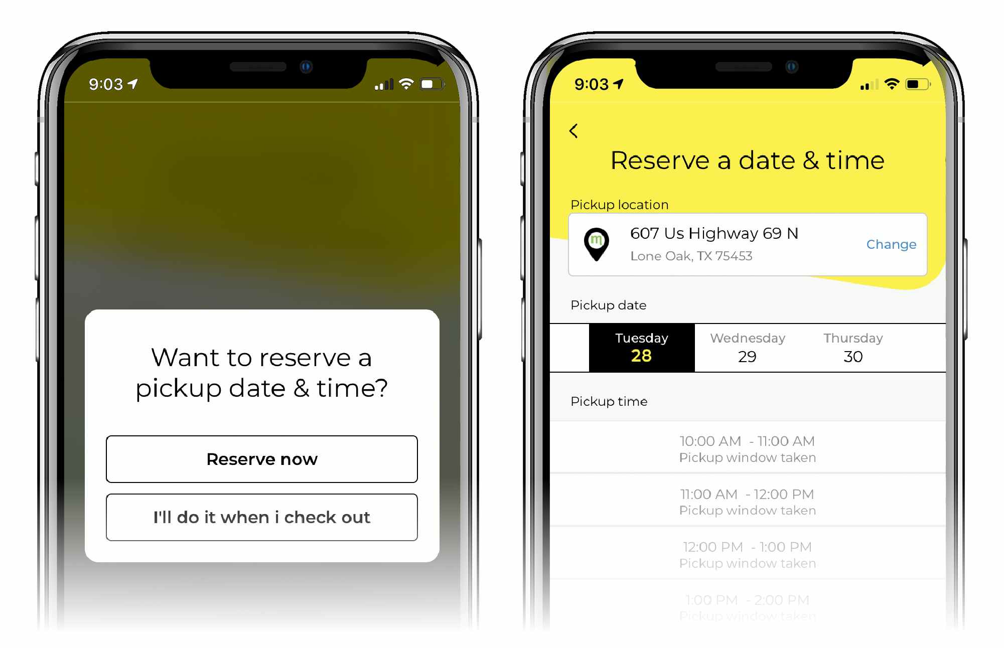 phone screen asks if user wants to reserve pickup time and gives options