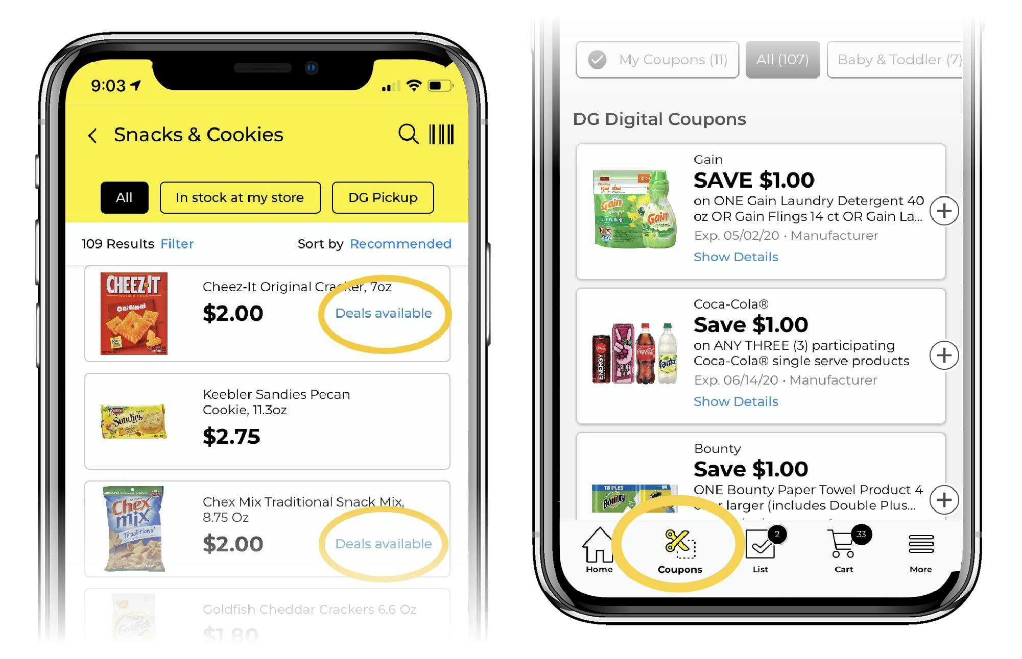 phone screen shows food items with deals available written next to them and coupons icon circled