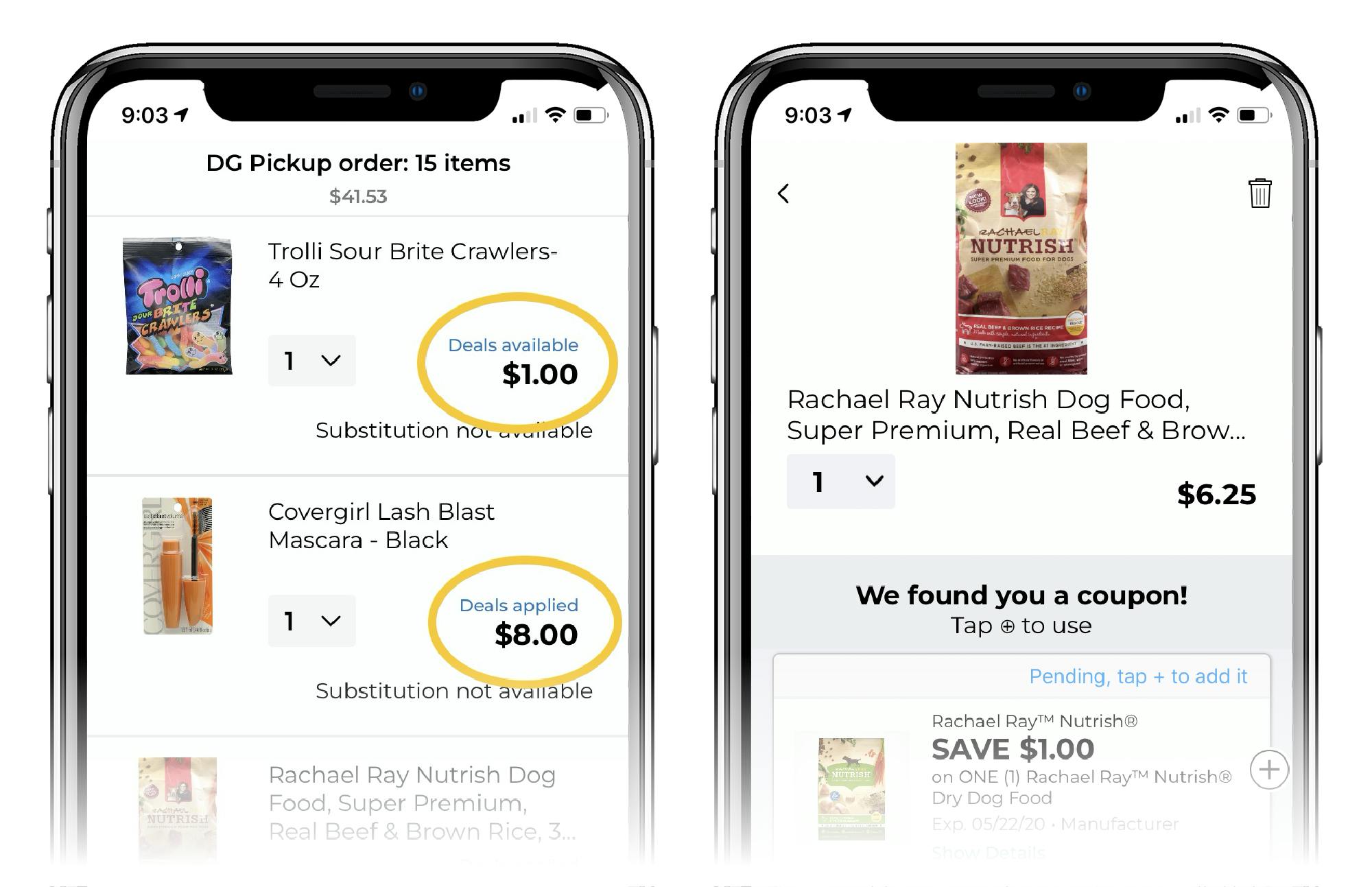 phone screen shows one dollar coupons available and applied to order