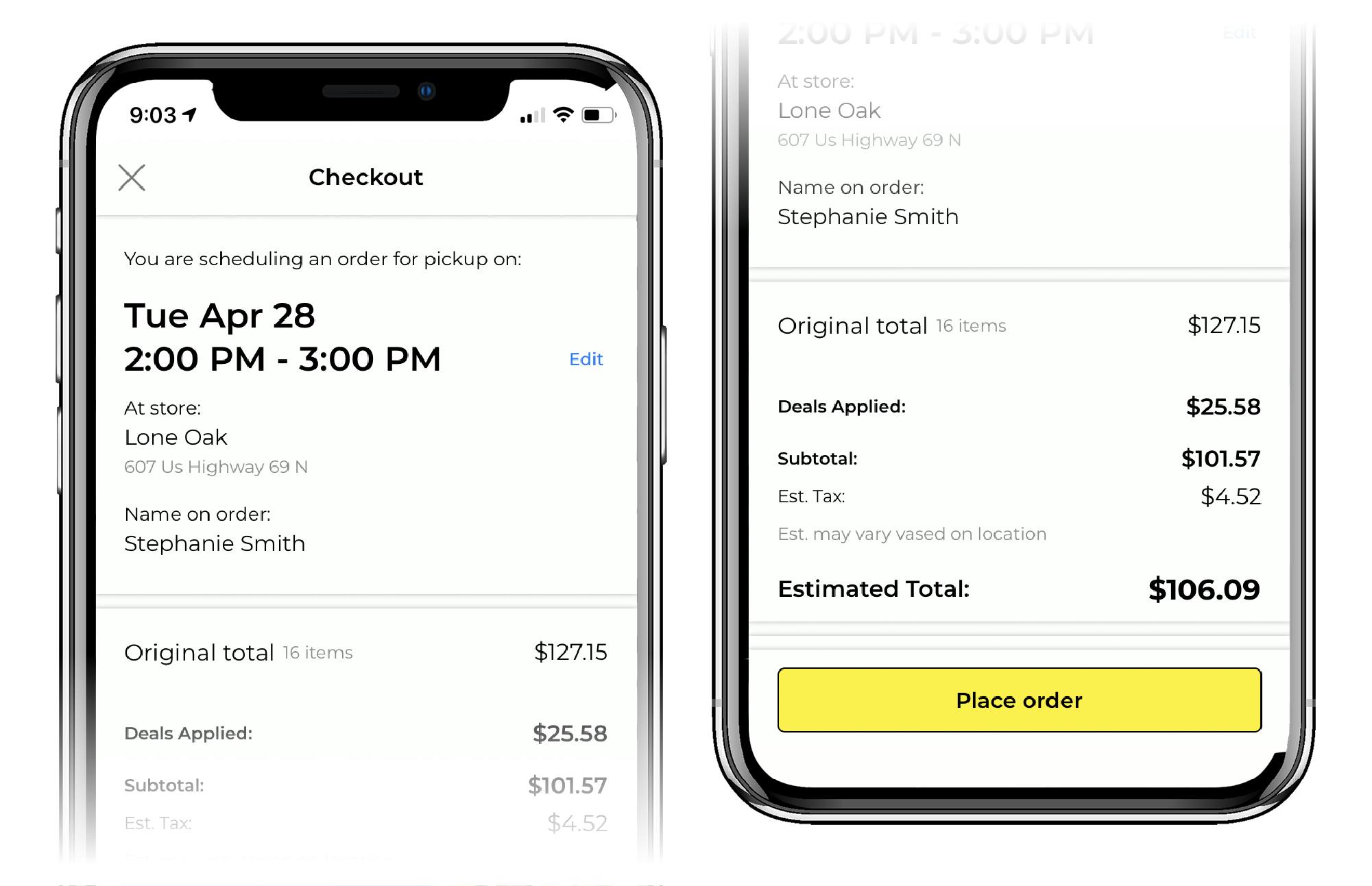 app shows cart checkout total of $106 and a time and date for pickup