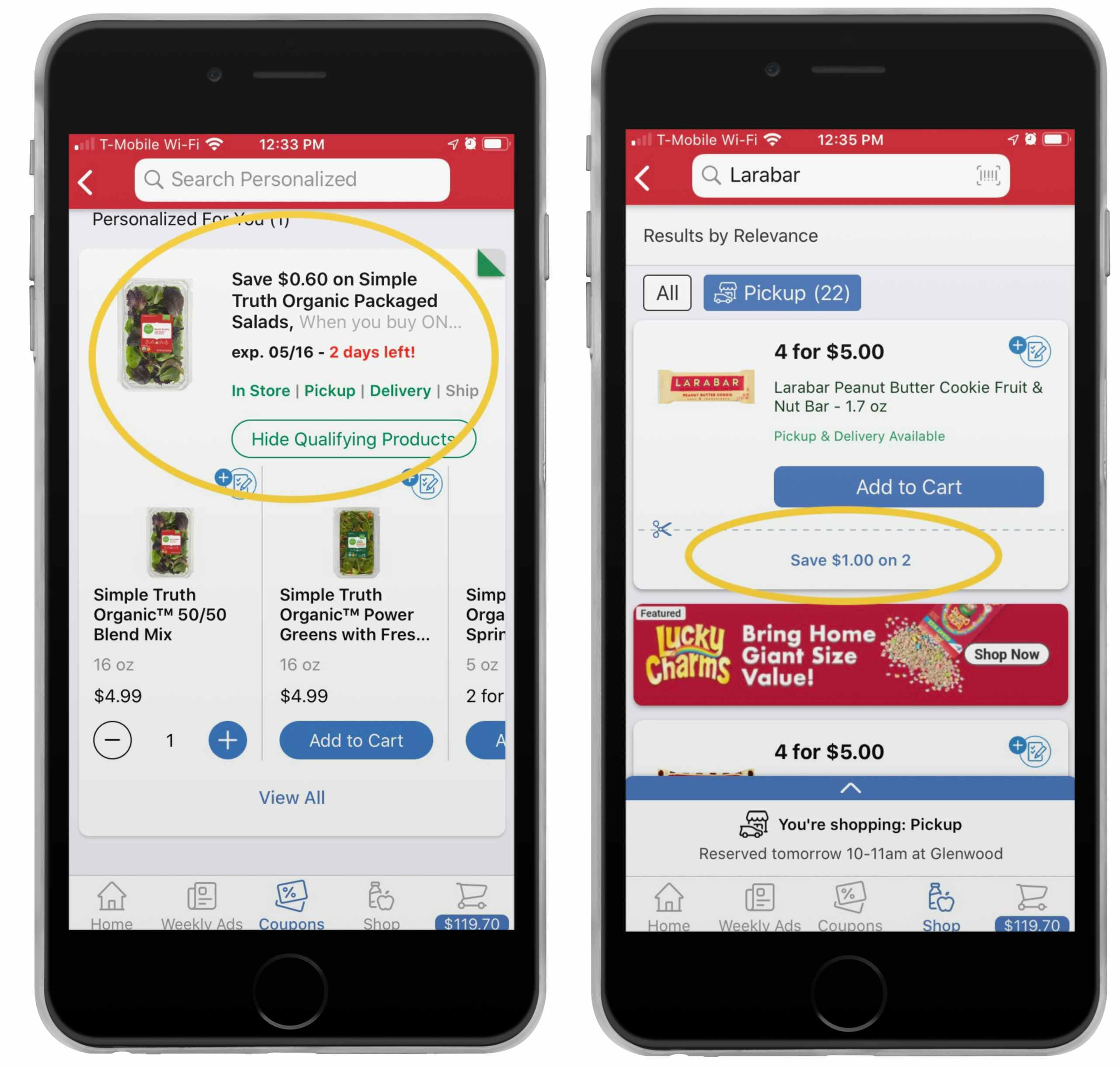 two screenshots of fred meyer app how to load coupons and clip