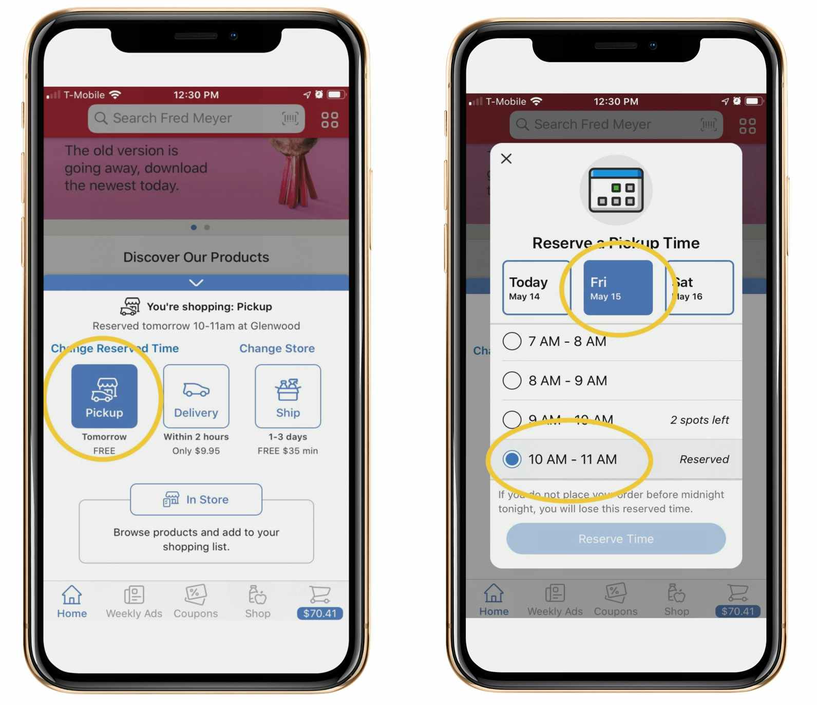 fred meyer grocery pickup app set time