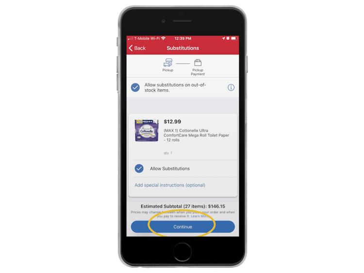 fred meyer app showing how to make substitutions