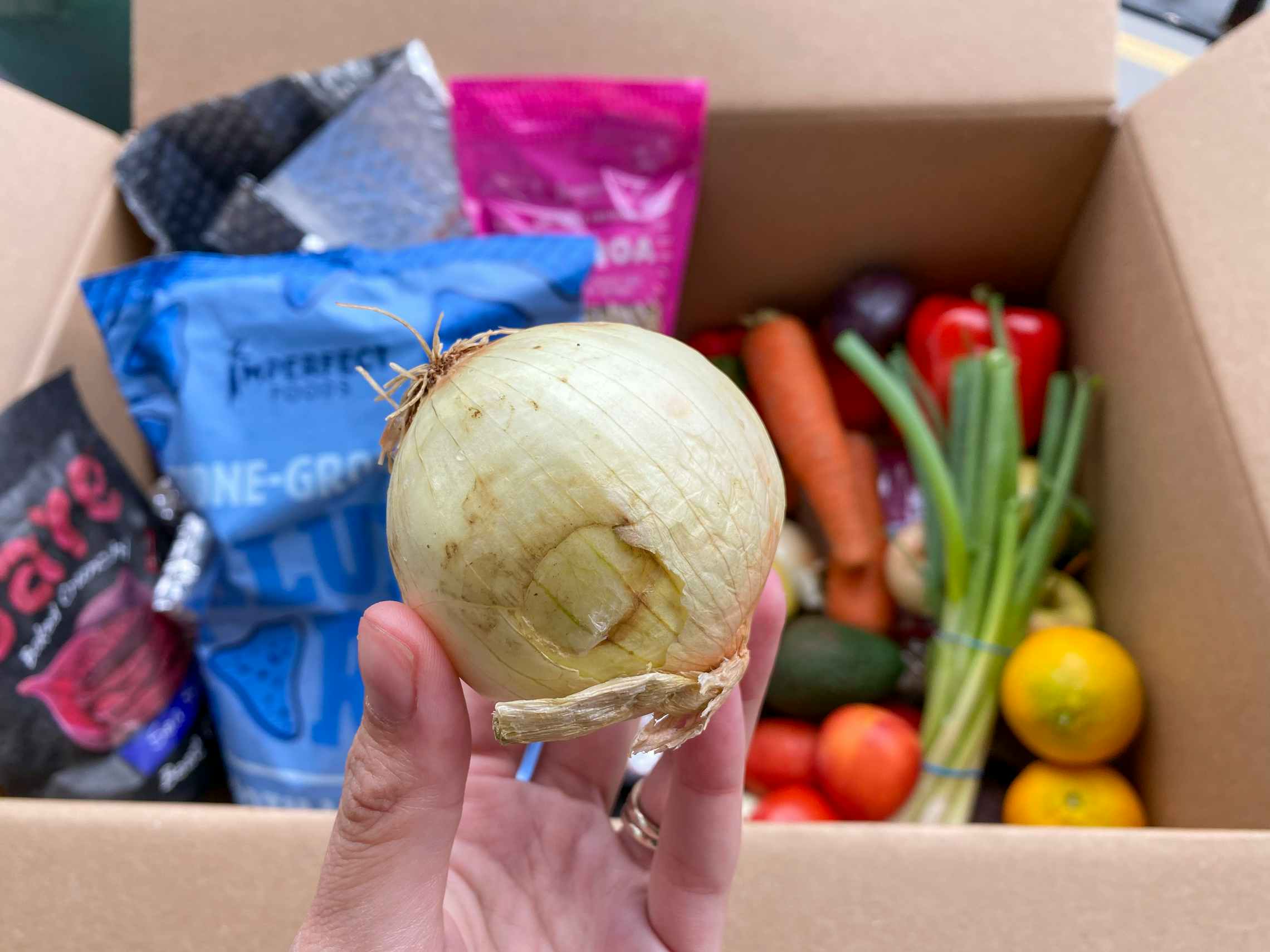 An onion that is blemished from an Imperfect foods grocery box