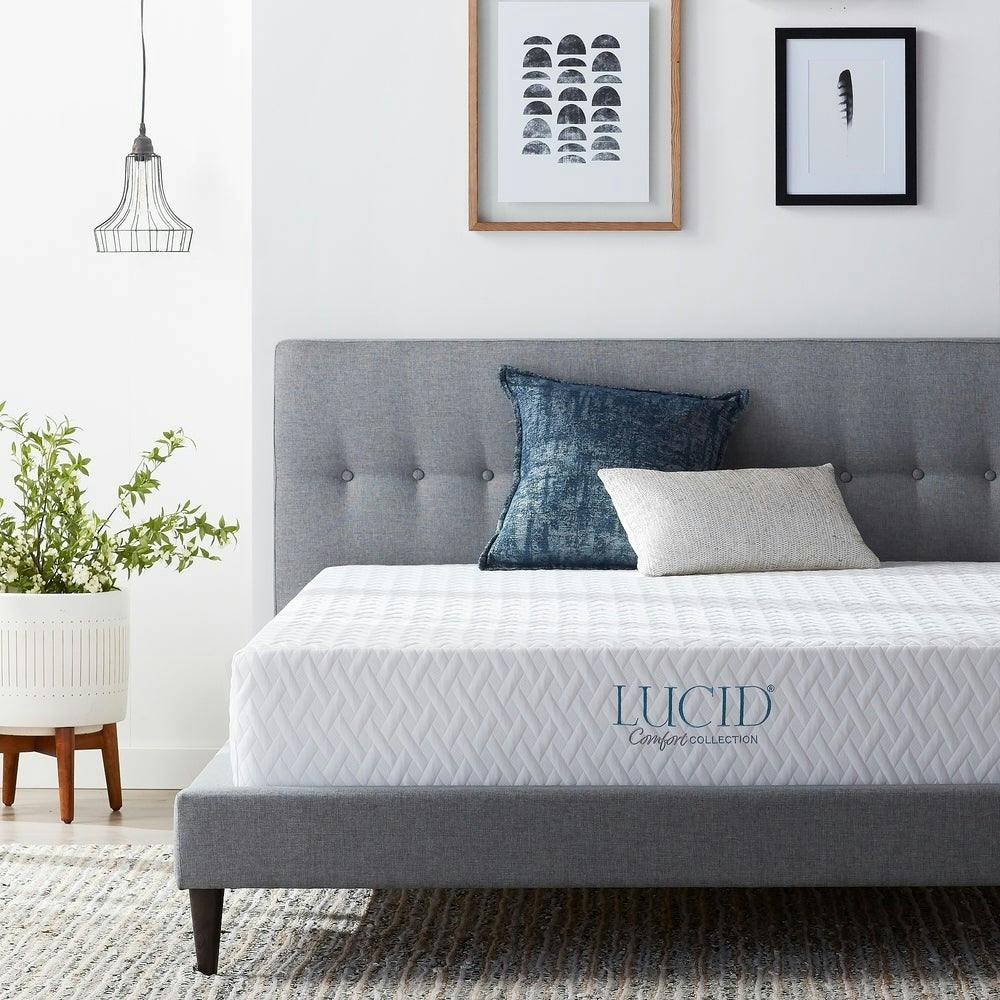 bedroom with lucid memory foam mattress on unmade bed