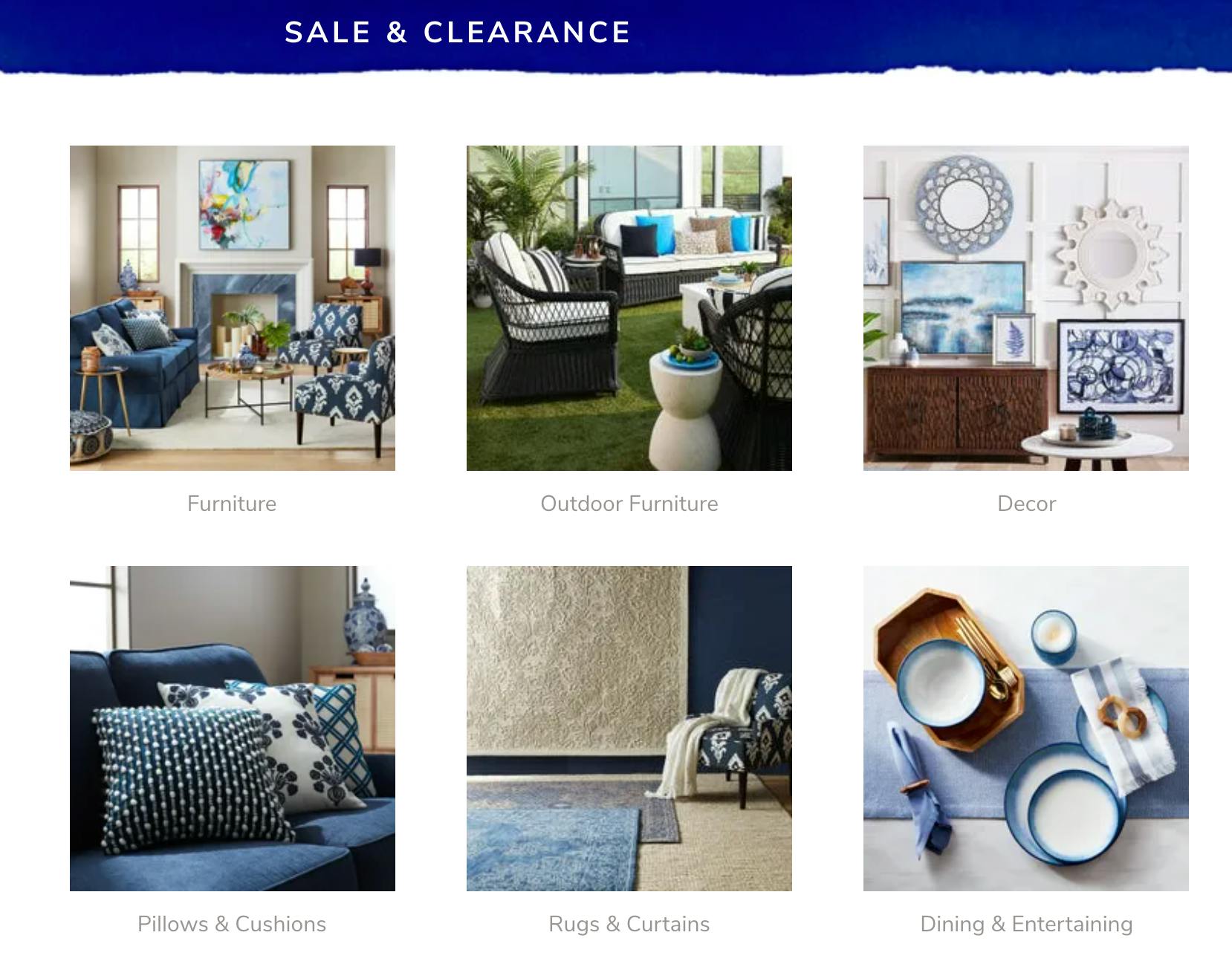 pier 1 website showing categories of products during closeout time