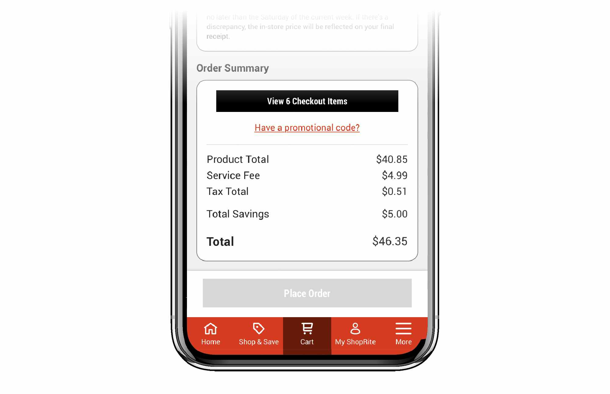 cell phone screen showing app and $4.99 service fee