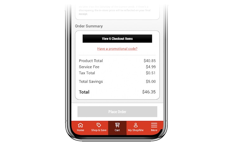 cell phone screen showing app and $4.99 service fee