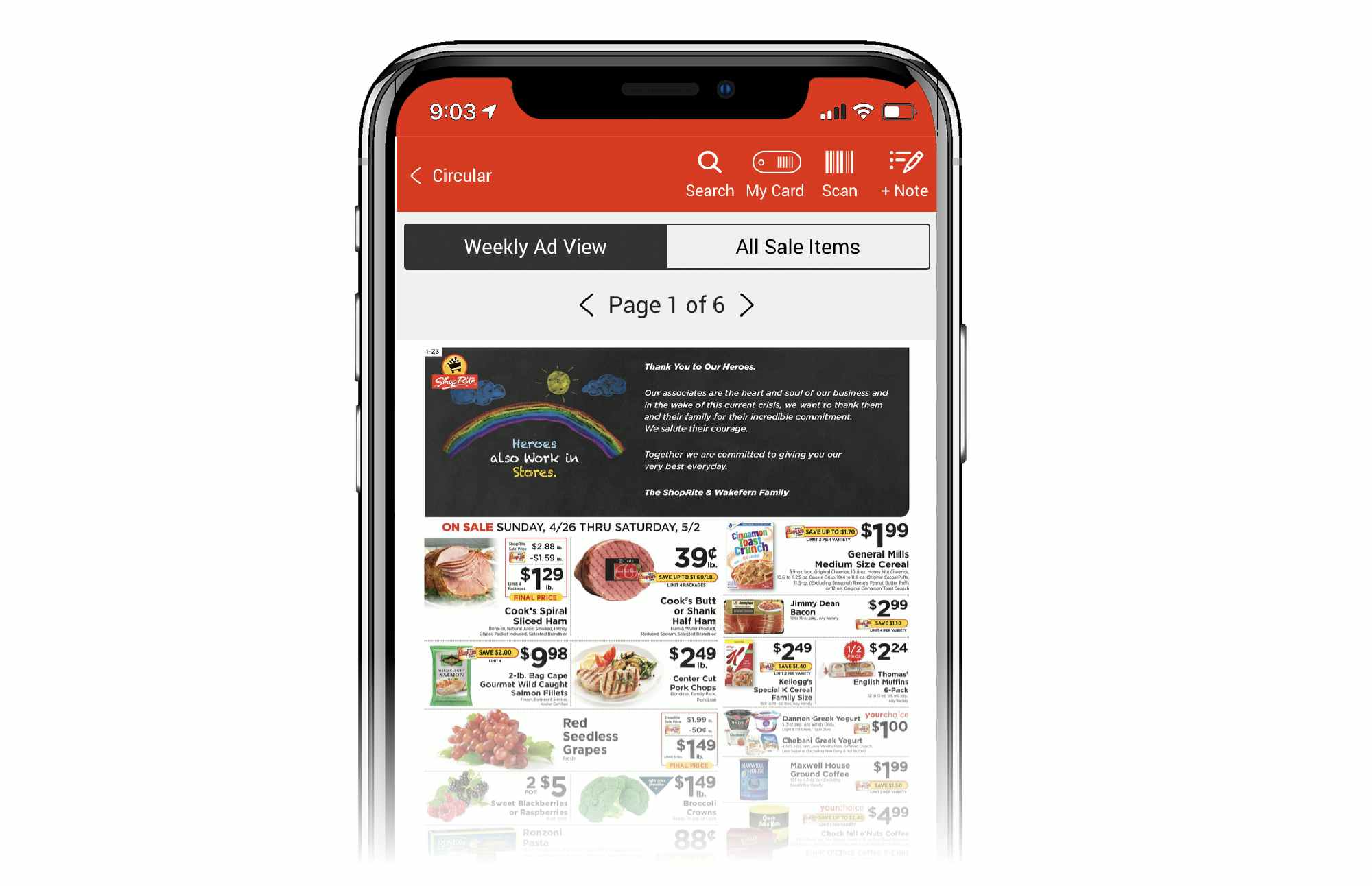 shoprite app on phone shows weekly ad view tab selected and a six page digital coupon circular below