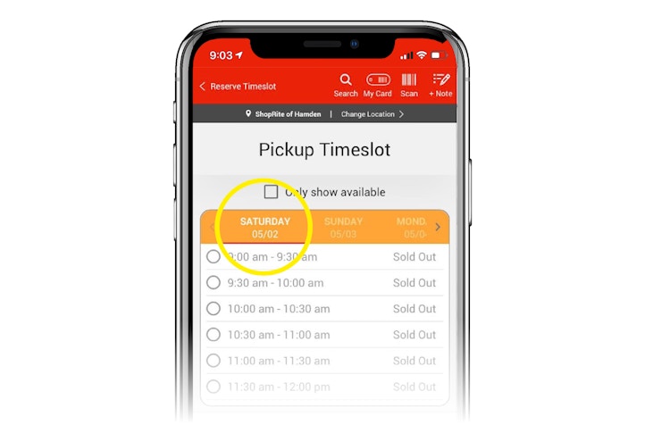 phone screen showing shoprite app and pickup timeslot screen with Saturday May 2 circled in yellow